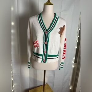 Christmas Cardigan White and Green  with Festive Accents